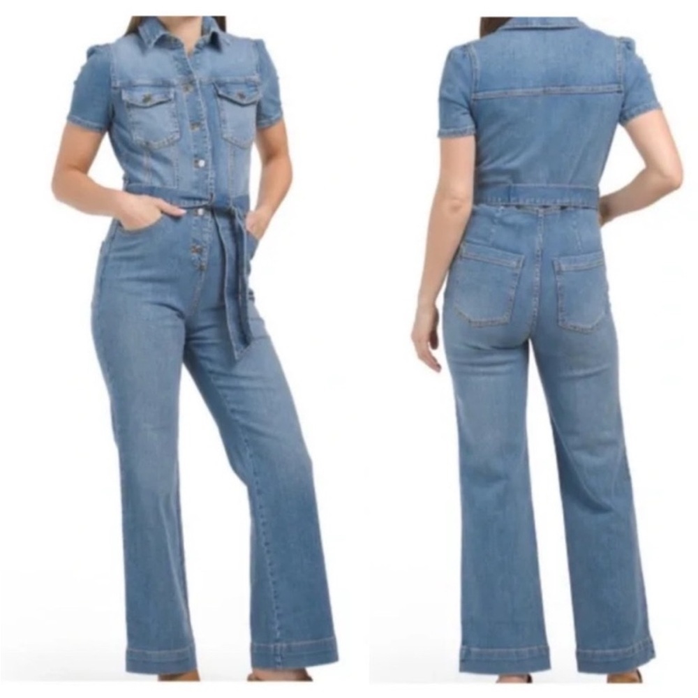 Avec Les Filles Denim Belted Wide Leg Jumpsuit Size 29 90's Style Utility